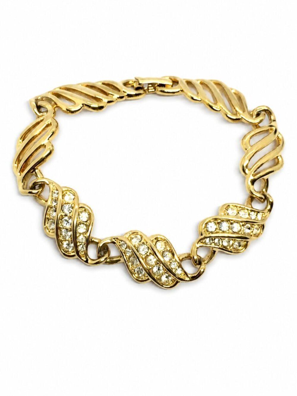VINTAGE NAPIER BRACELET Gold Tone Rhinestone Wave Link Signed Statement